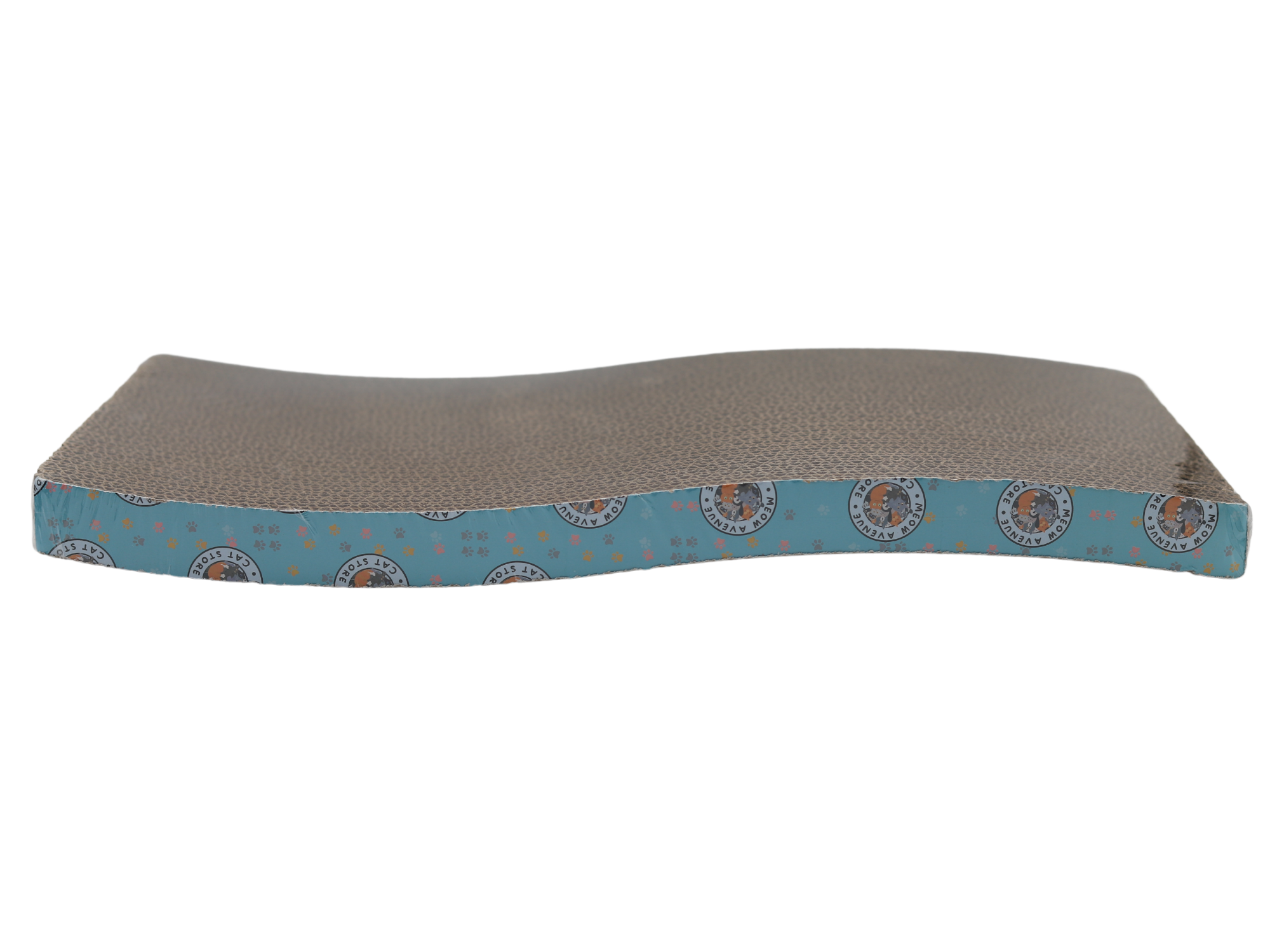 A gray and blue cat scratch board with a patterned edge.