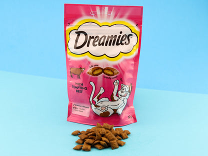 Dreamies cat treats. Beef flavour. Pink packet