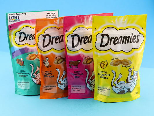 Dreamies cat treats. Four flavours in this collection. Turkey, Chicken, Beef & Cheese