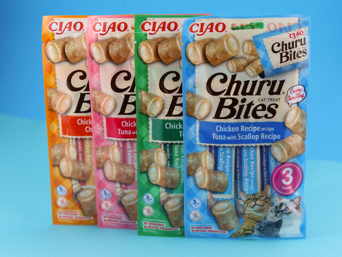 Churu Bites cat treats. Four flavours to choose from: Chicken with tuna & scallop, Chicken with tuna, Chicken with chicken & Chicken with tuna & salmon
