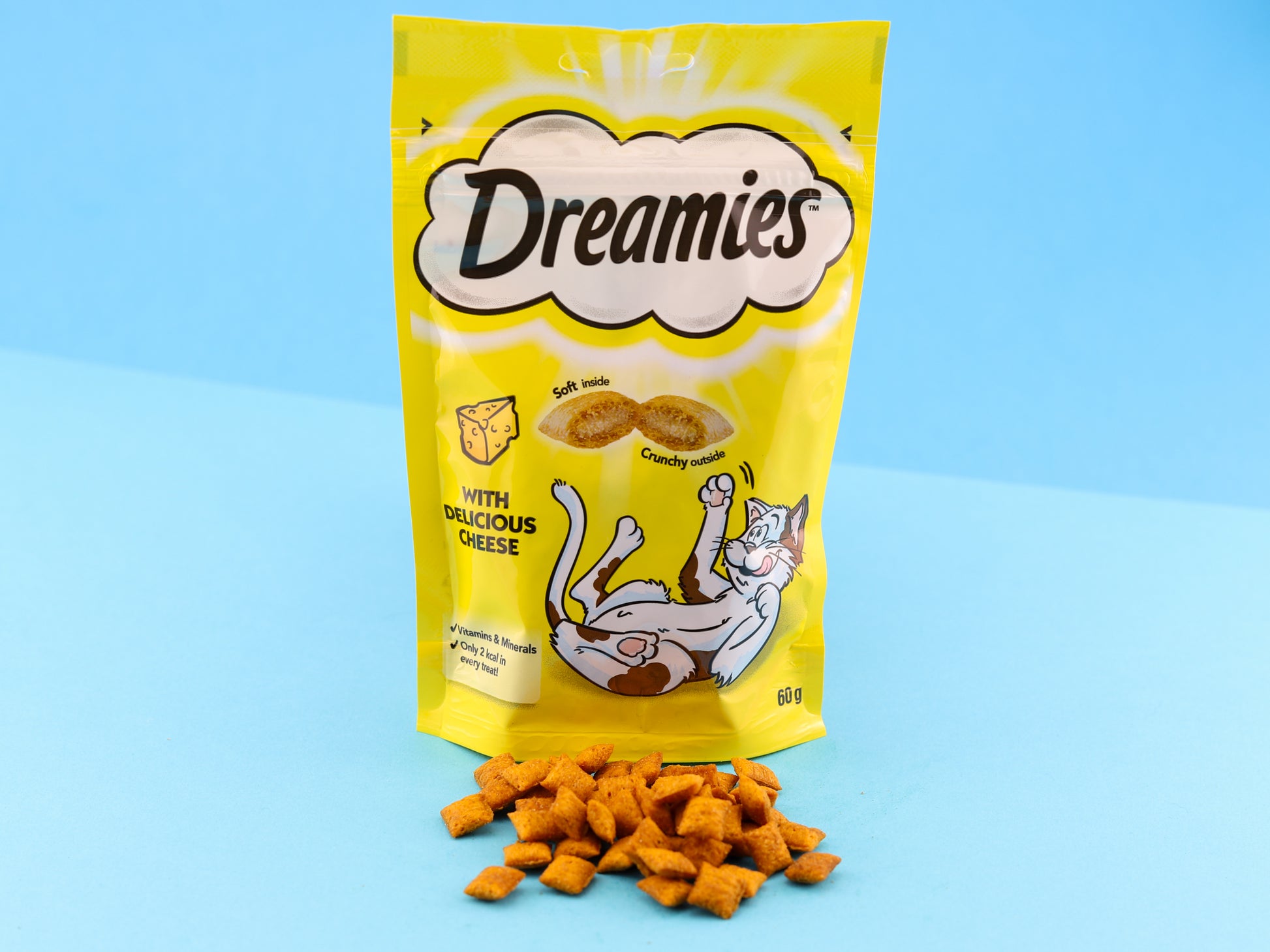Dreamies cheese flavour treats. Yellow packet